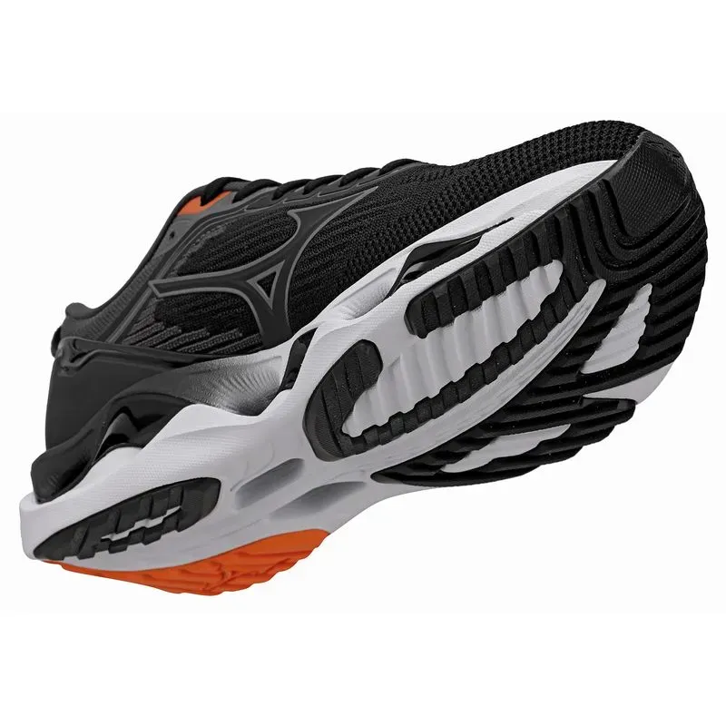 Solado do tênis Mizuno Wave Stratos 3 Masculino Preto mostrando detalhes da sola